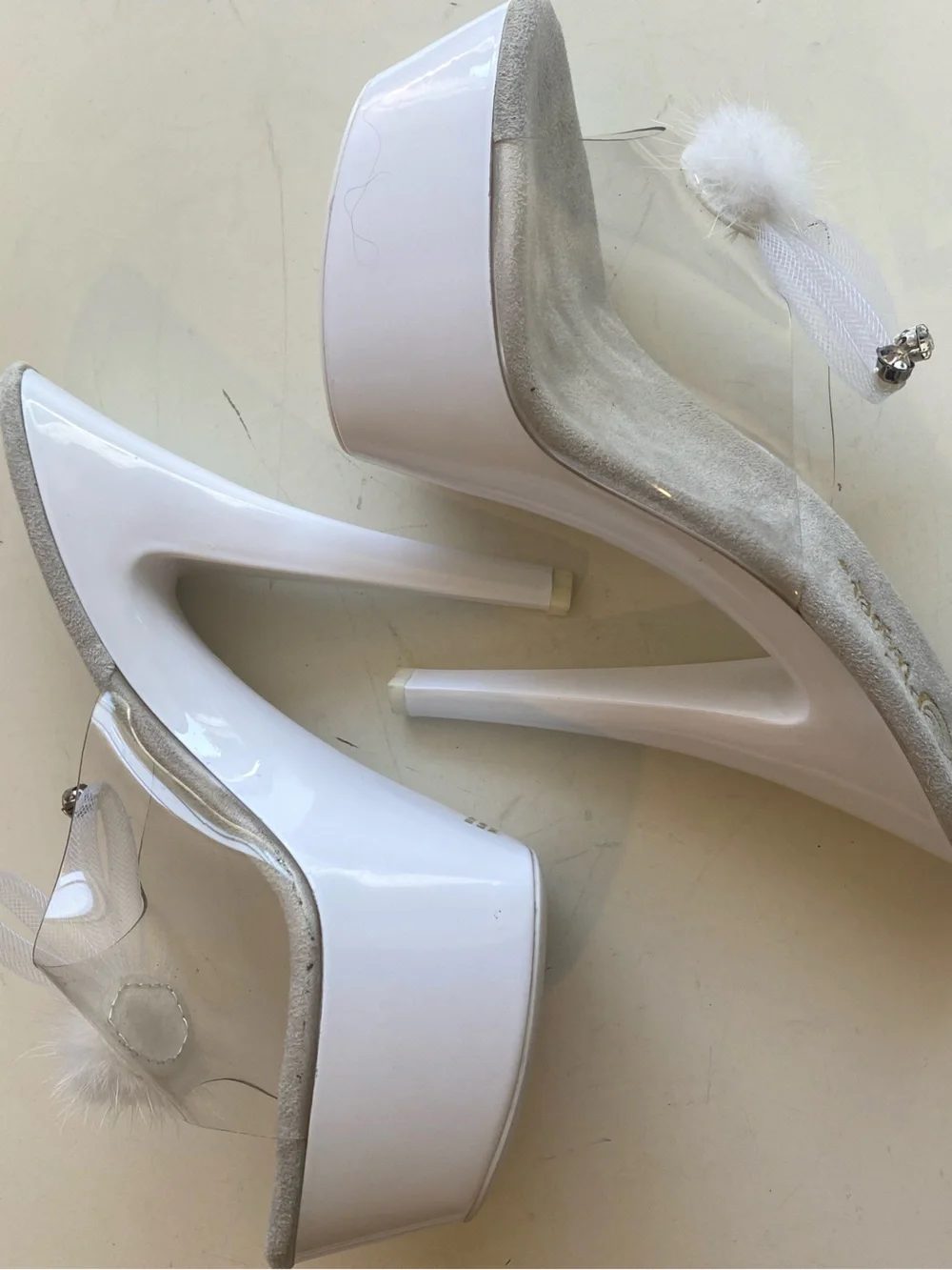 PLEASER  Kiss 201BUNNY  Platform Slides , Stiletto Heels, Rhinestone , White , 8